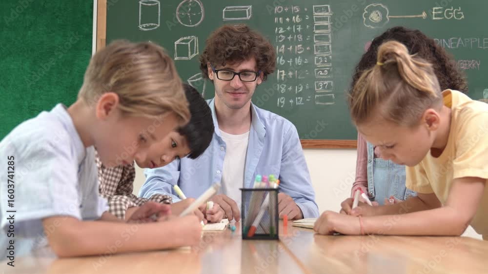 Poster smart teacher explain idea while diverse children drawing mind map while group of diverse student wo