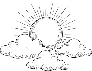 Hand-Drawn Sun and Clouds  – Minimal Weather Line Art.