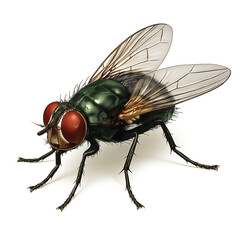 This close-up macro of a housefly on a white background details its hairy body, wings, and large eyes