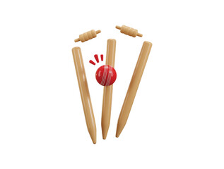 Cricket ball with stamp icon 3d render concept of red cricket ball knocking over wickets or stumps icon vector illustration