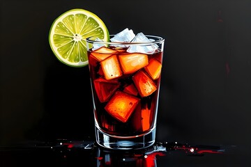 Stylized acrylic painting of a Caipirinha cocktail in a glass with crushed ice and lime slice, bold brushstrokes and dark background.