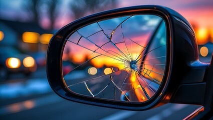 Shattered Car Mirror Reflecting a Colorful Sunset