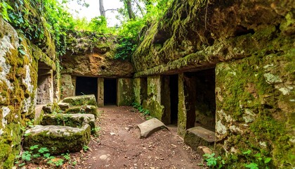 Ancient stone chambers nestled in a lush forest