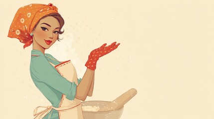 A smiling woman, wearing a teal shirt, white apron, orange headscarf, and red dotted gloves, presents a bowl of dough, with flour dusting the air, against a pale background