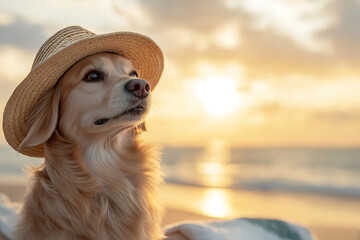 dog wearing sunhat sitting on beach summer background