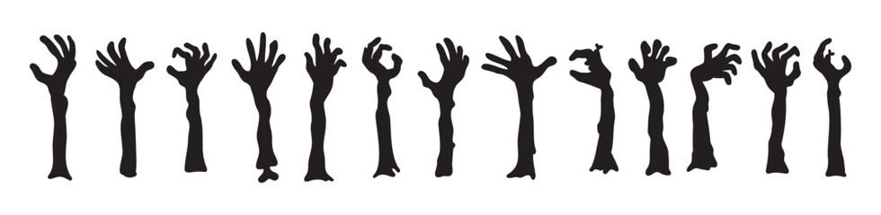 Zombie hands silhouettes. Halloween decor. Set doodle zombie hand