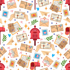 World Post Day, seamless vector pattern. Letters in envelopes, postcards, postage stamps, mailbox, flowers. Paper message, correspondence. Mail, stationery. Vintage background, cartoon ornament