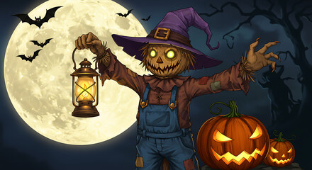 Spooky Night's Greeting A Friendly Cartoon Scarecrow and Glowing Pumpkins Beneath the Halloween Moon Image_fx (24).png
