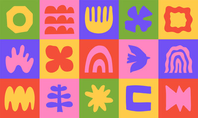 Abstract Geometric background with doodle groovy shapes. Various playful forms. Trendy vector illustration
