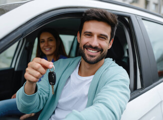 Young man holding car key smiling happily sitting inside white car with woman passenger