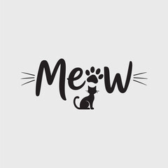 Black cat silhouette with meow text and paw print animal