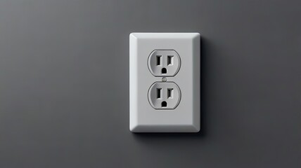 A close up of a standard duplex electrical outlet on a gray wall in a minimalist style image