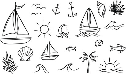 Summer line art clip art elements, modern minimalist hand drawn doodles, beach illustration set