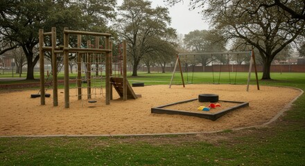 Obraz premium A playground with swings and climbing equipment surrounded by sand and green grass in a park area