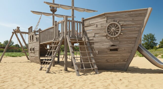 Wooden ship playground structure with slide and swingset on a sandy surface under a clear blue sky day - Powered by Adobe
