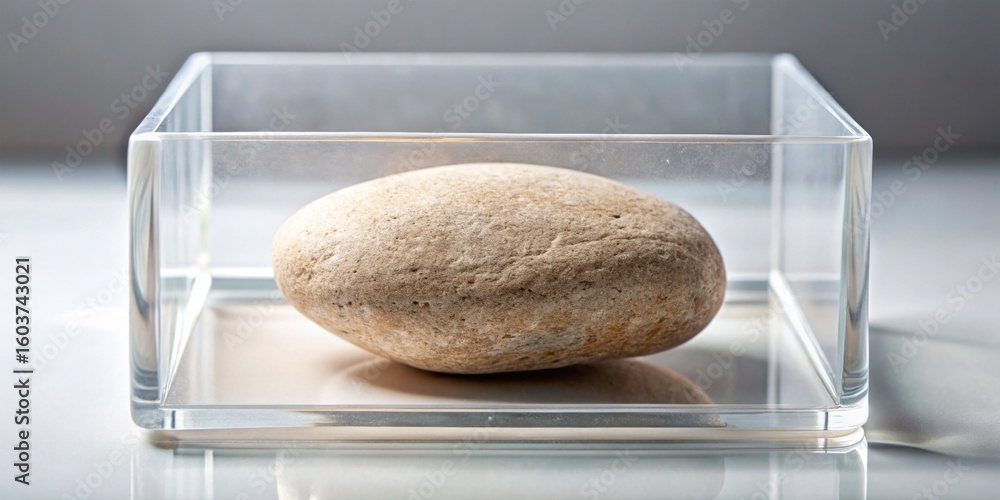 Poster modern stone art displayed in a transparent box on a light surface in an indoor setting during the d