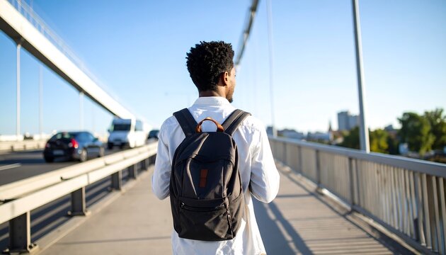 A person walking away from the camera on a bridge