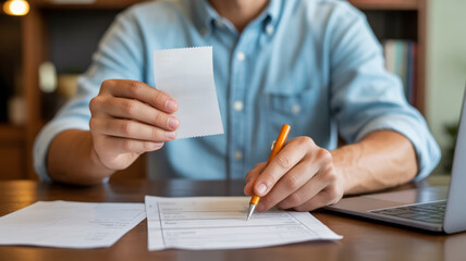 Tax finance budget, Financial accounting. Man holding receipt, filling tax form, financial paperwork, budget planning. Payment, Debt, Penalty, Credit Bill, Businessman, Money Office