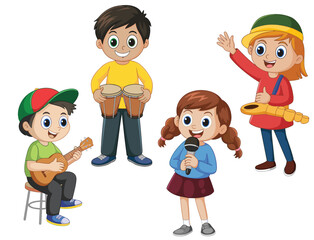 Cartoon children playing musical instruments and singing in a band, music education fun, kids performing music concert together happily