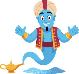 Cartoon blue genie character emerging from magic lamp with happy face wearing traditional outfit perfect for fantasy illustration and stories