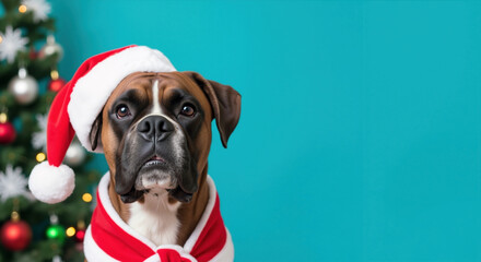 Boxer dog wearing santa hat and red outfit near christmas tree on turquoise background. Holiday celebration and pet costume for festive greeting cards and seasonal campaigns