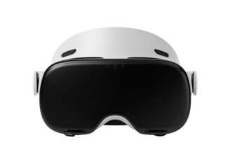 Front view of a white VR headset.  Dark lenses,  integrated with a helmet-like structure.  Light-colored,  lightweight design