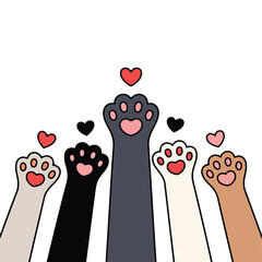 Five diverse cat paws raised with hearts animal paws