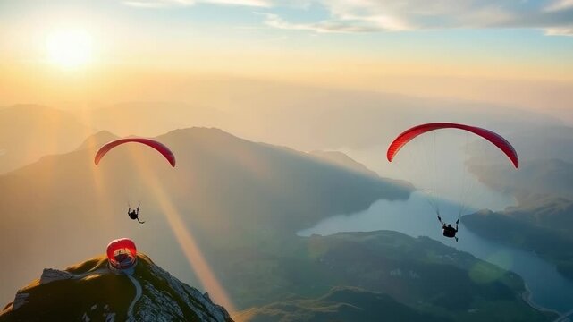 Adventurous paragliders soar gracefully over a breathtaking mountain landscape at sunset