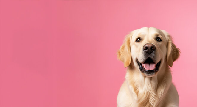 Golden retriever dog with open mouth and happy expression on pink background. Joyful pet portrait for veterinary services and promotional advertising campaigns