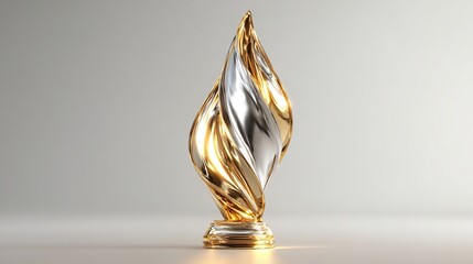 Abstract, metallic trophy or award.  A golden and silver flame-like sculpture on a pedestal