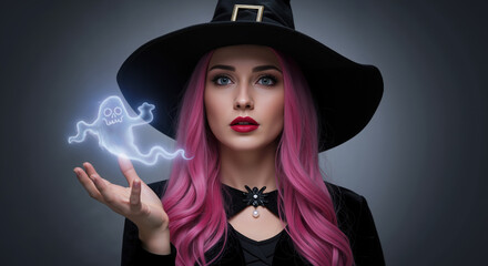 Woman in witch hat with pink hair holding glowing ghost spirit. Halloween witch costume for spooky party celebration and autumn horror festival supernatural theme