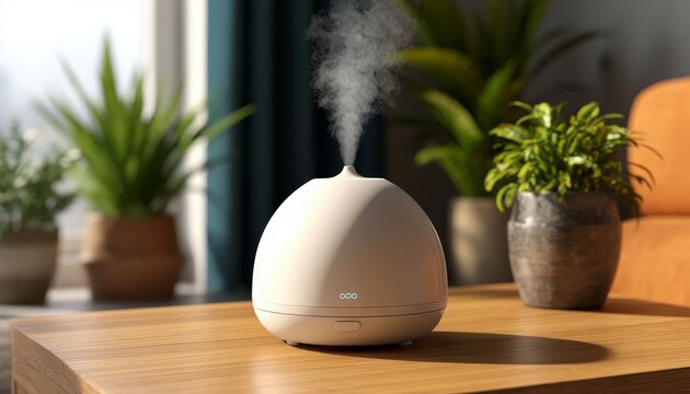 Ceramic essential oil diffuser releasing fragrant mist, sitting on rustic wooden surface near indoor greenery, generating peaceful home ambiance - Powered by Adobe