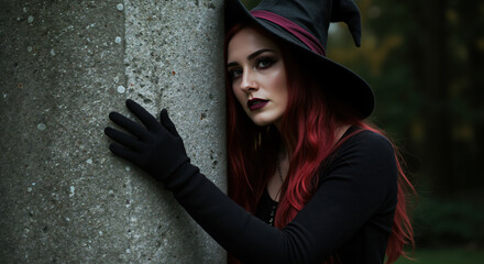 Fototapeta premium Woman in witch hat with red hair touching stone wall. Halloween enchantress character for spooky celebration and gothic themed party entertainment