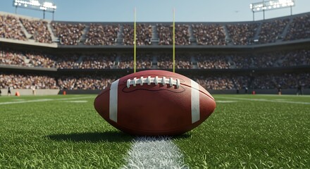 American football on the field. American football in the middle of the field with green grass background.