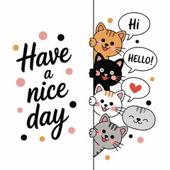 Four cute cartoon cats peeking with speech bubbles and text