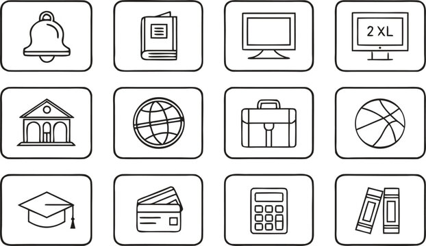 Set of twelve educational and business icons bell book