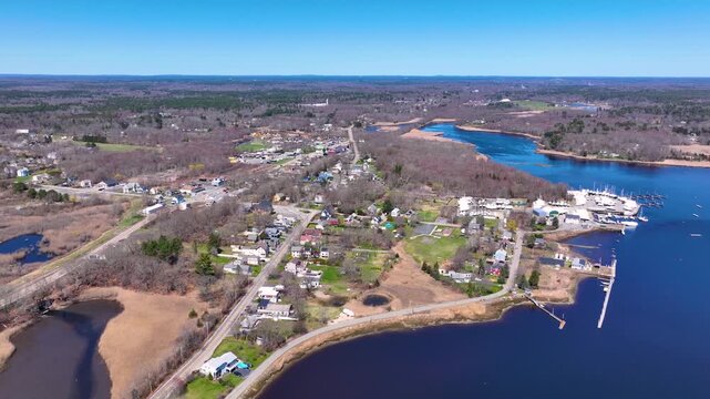 Taunton River aerial view in spring including Shaw's Boat Yard and Taunton Yacht Club in town of Dighton, Massachusetts MA, USA. 