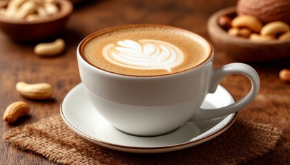 Obraz premium Cappuccino with intricate latte art resting on rustic wooden surface, accompanied by scattered cashew nuts and burlap fabric, evoking warm coffee shop ambiance