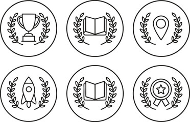 Six circular icons with laurel wreaths and symbols