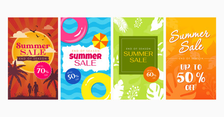 A vibrant set of four end-of-season summer sale banner designs with tropical elements, discounts up to 70%, beach themes, and bright seasonal colors.