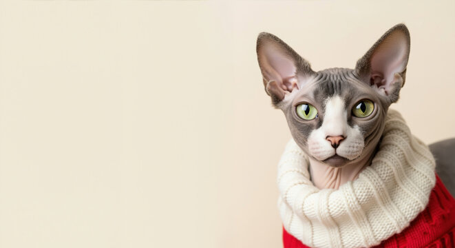 Sphynx cat in beige knit sweater with cable pattern against cream background. Holiday winter celebration for new year party and christmas festive season pet costume warmth