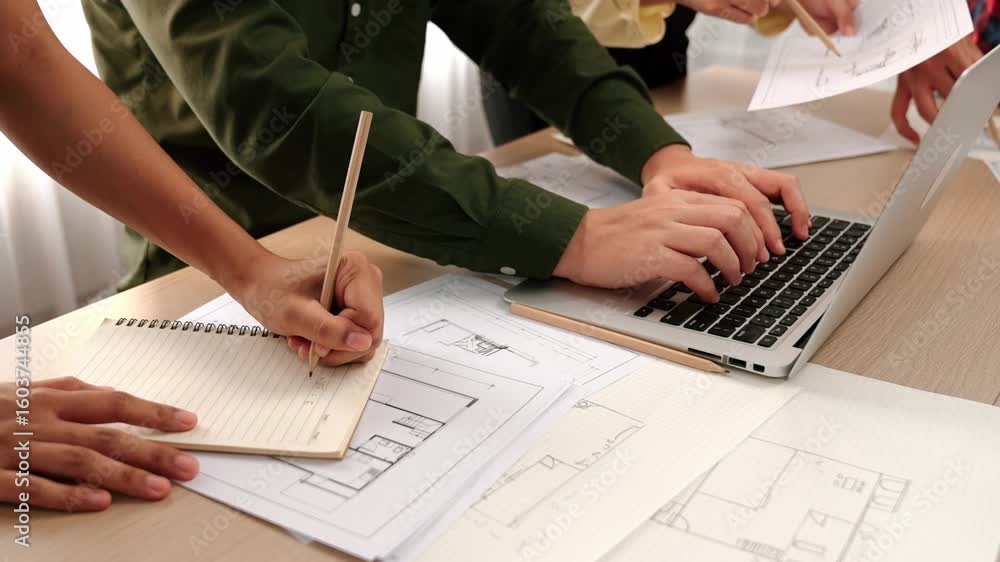 Aufkleber architect and engineer consulting construction detail blueprint display in laptop on table with arch