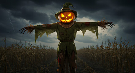 Haunting Halloween Night A Cartoon Scarecrow Guards the Cornfield Under a Dramatic Sky