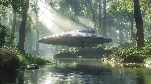 A flying saucer above a serene forest stream.