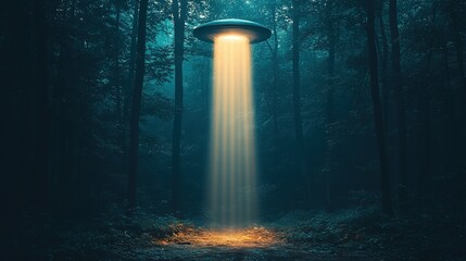 Mysterious light beam emanating from an unidentified flying object in a dark forest.