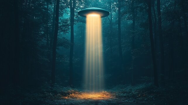 Mysterious light beam emanating from an unidentified flying object in a dark forest. - Powered by Adobe