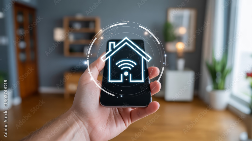 Poster smart home wireless technology automation mobile control modern digital innovation connection networ