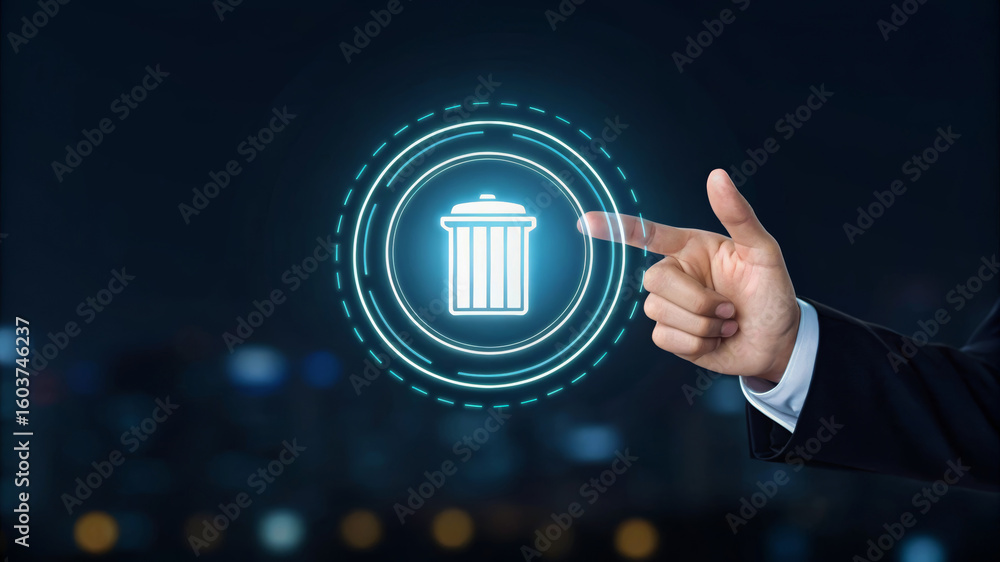 Aufkleber hand digital trash icon technology business delete button hand points glowing digital trash icon sym