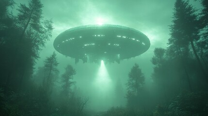 Mysterious flying object over a foggy forest.