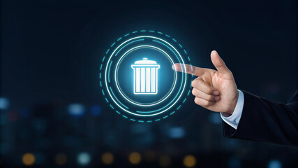 Hand digital trash icon technology business delete button hand points glowing digital trash icon symbolizing technology